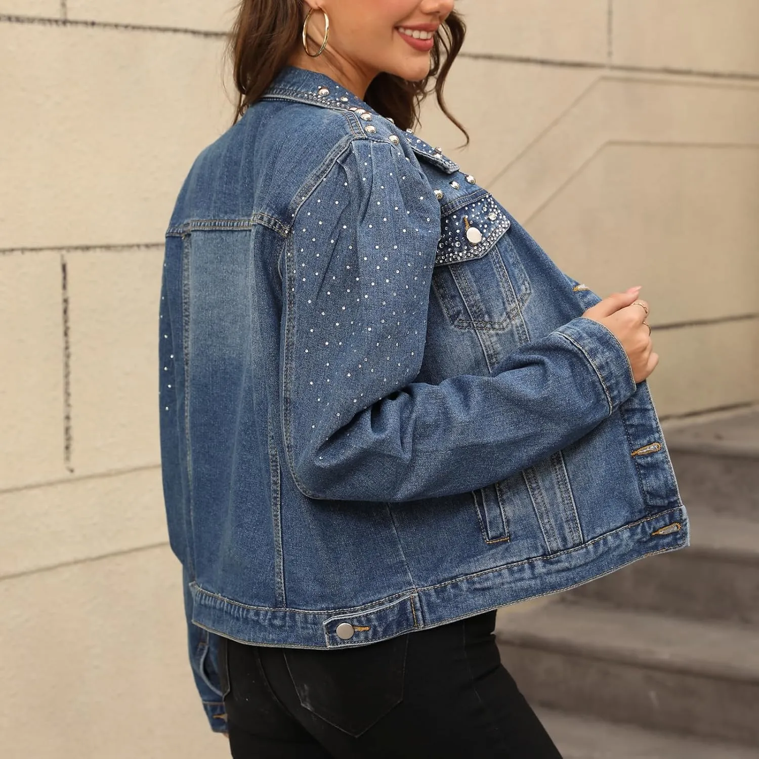 Women's Pearl Denim Jacket Button Long Sleeve Short Jean Coat with Pockets