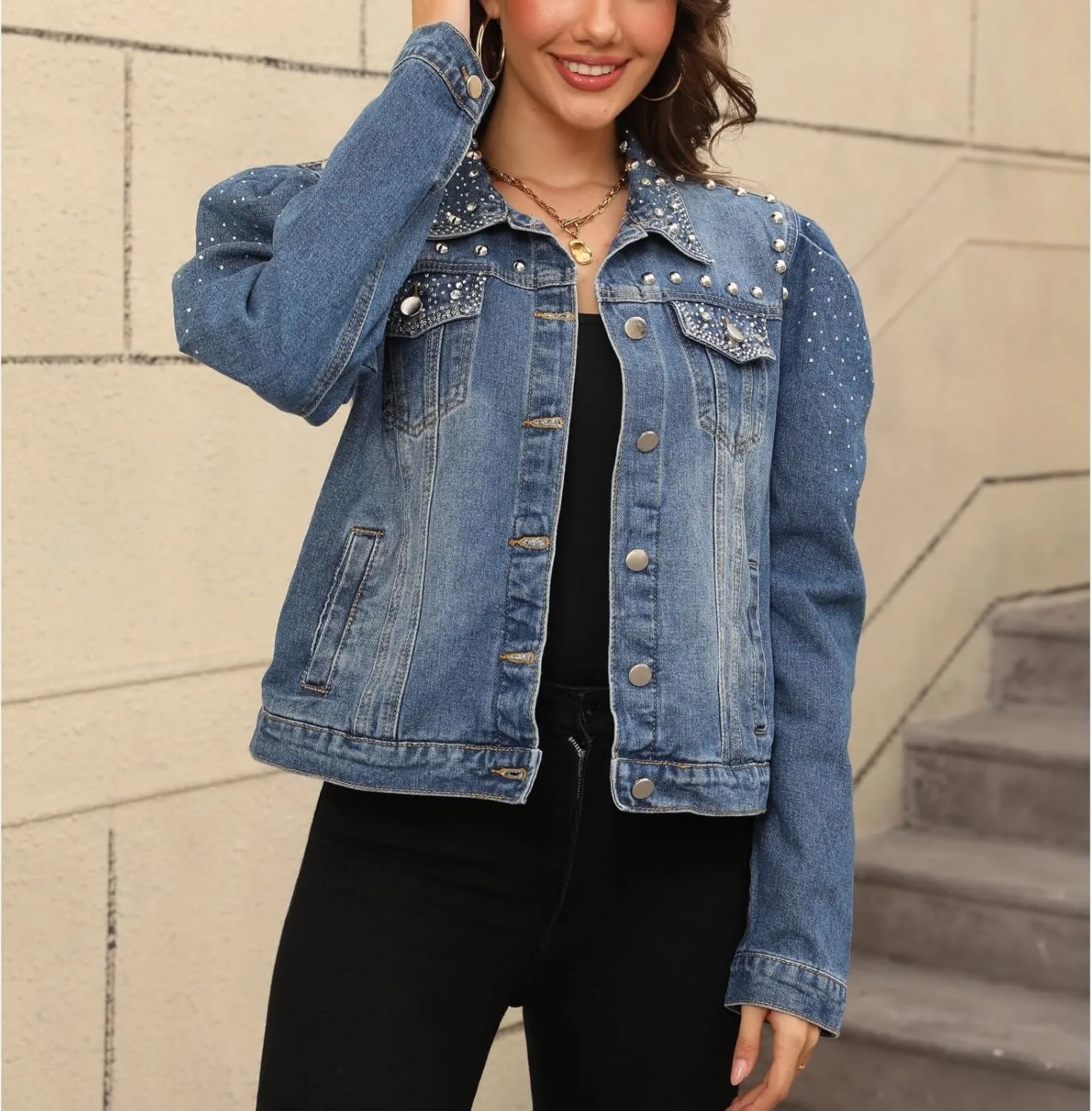 Women's Pearl Denim Jacket Button Long Sleeve Short Jean Coat with Pockets