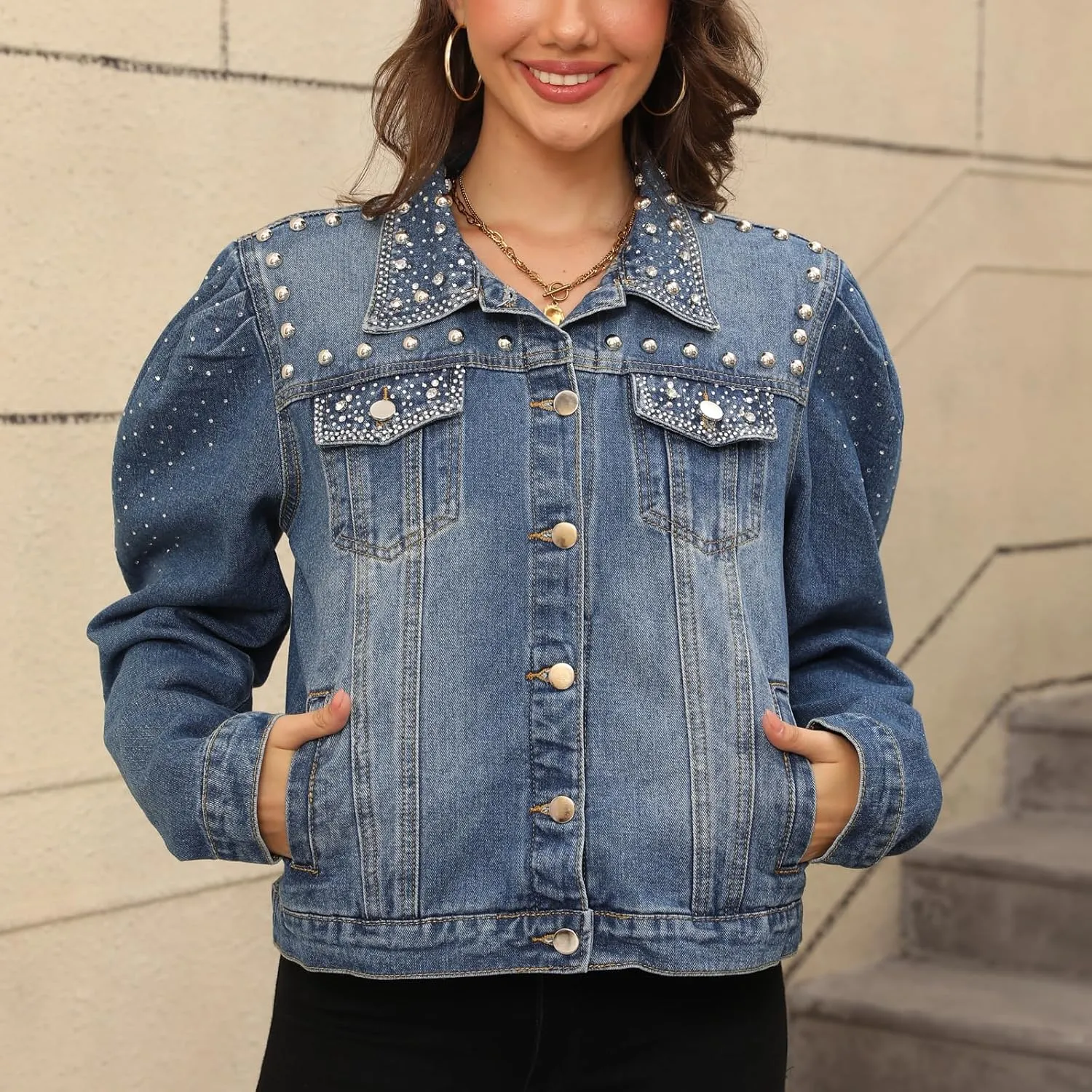 Women's Pearl Denim Jacket Button Long Sleeve Short Jean Coat with Pockets