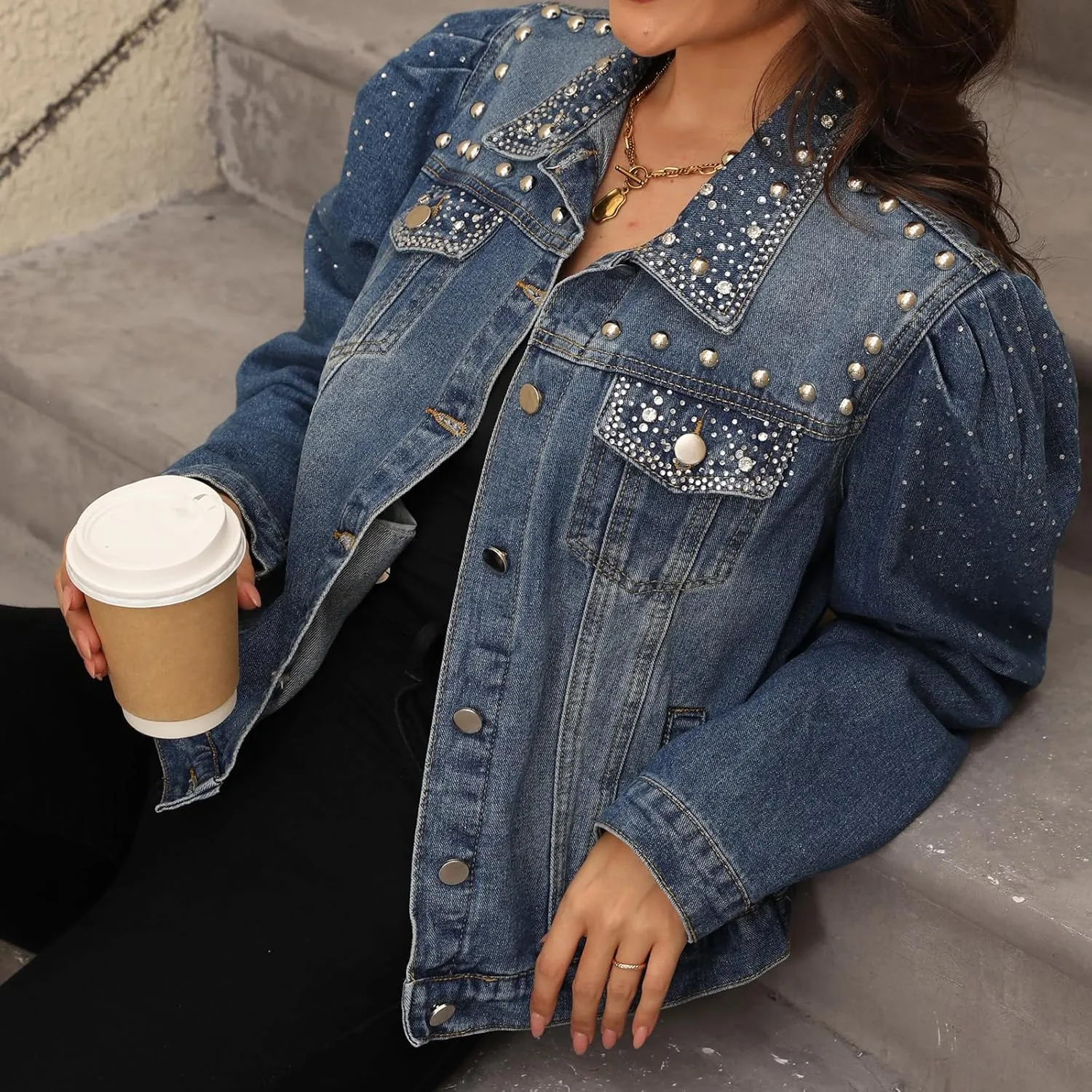 Women's Pearl Denim Jacket Button Long Sleeve Short Jean Coat with Pockets