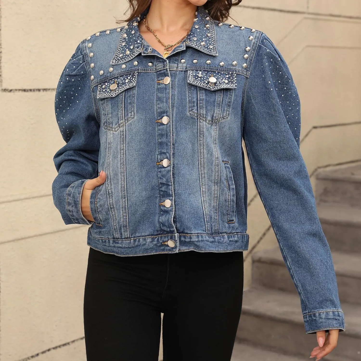 Women's Pearl Denim Jacket Button Long Sleeve Short Jean Coat with Pockets
