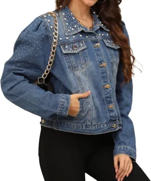 Women's Pearl Denim Jacket Button Long Sleeve Short Jean Coat with Pockets