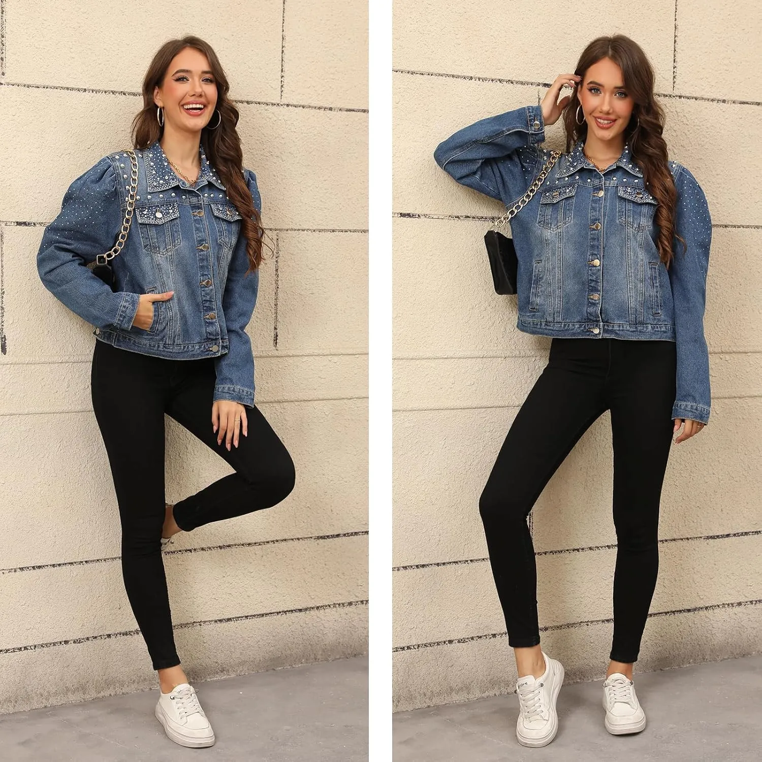 Women's Pearl Denim Jacket Button Long Sleeve Short Jean Coat with Pockets
