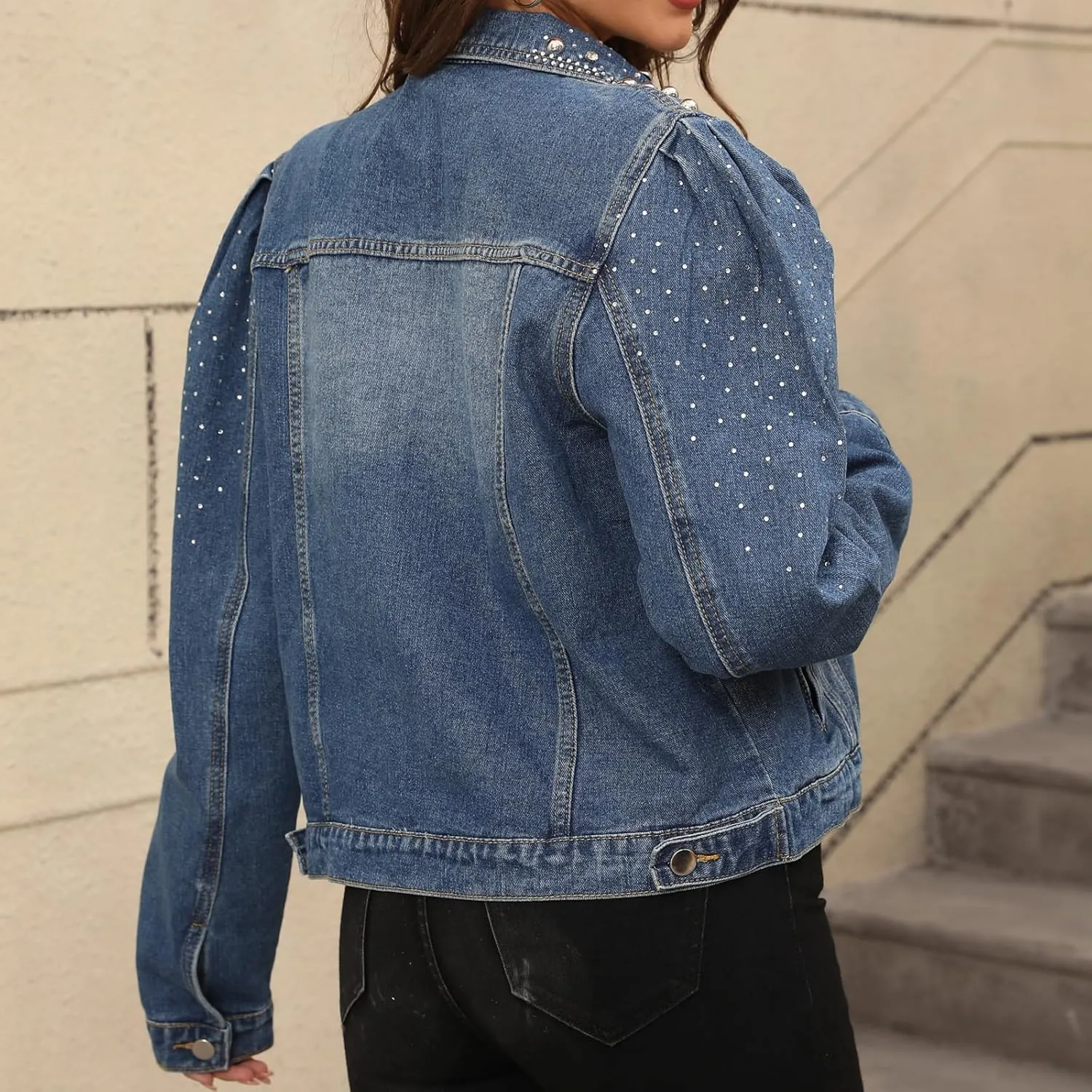 Women's Pearl Denim Jacket Button Long Sleeve Short Jean Coat with Pockets