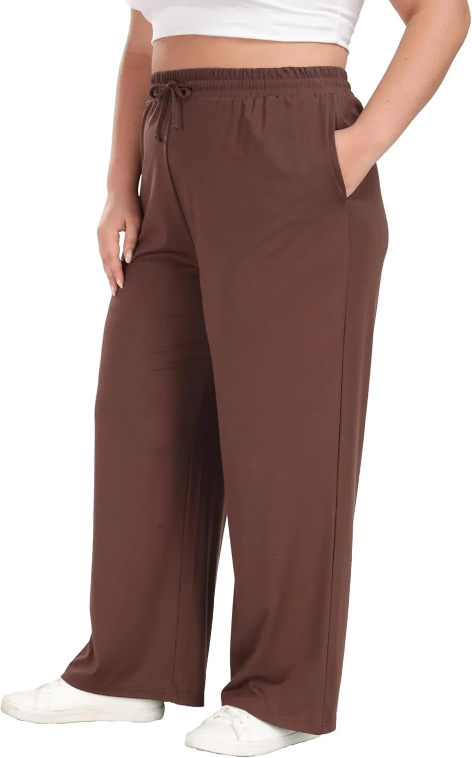 Women's Plus Size Wide Leg Pants Elastic Waist Casual Pants Summer Loose Fit Sweatpants with Pockets Drawstring