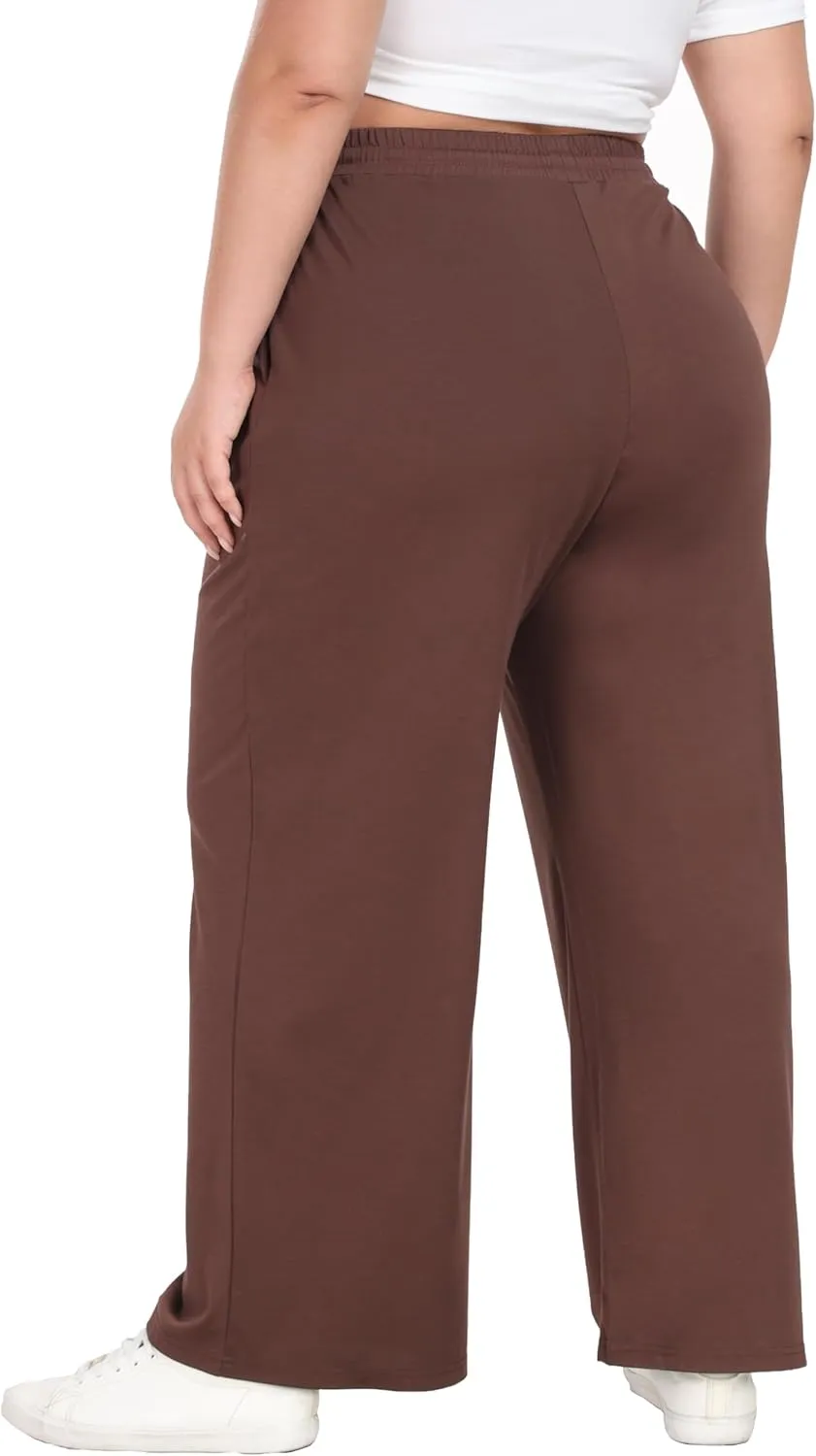Women's Plus Size Wide Leg Pants Elastic Waist Casual Pants Summer Loose Fit Sweatpants with Pockets Drawstring