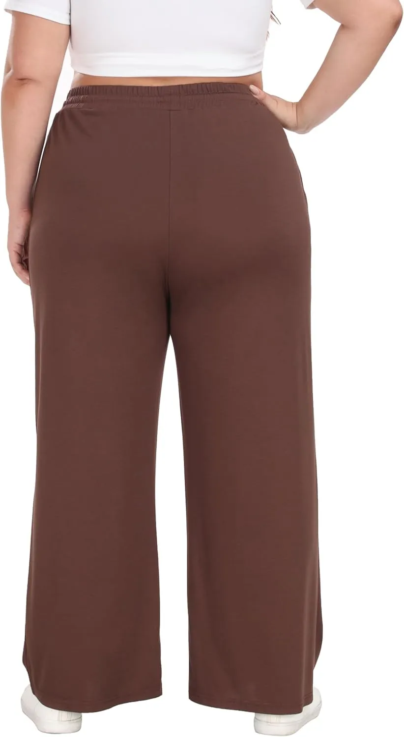 Women's Plus Size Wide Leg Pants Elastic Waist Casual Pants Summer Loose Fit Sweatpants with Pockets Drawstring
