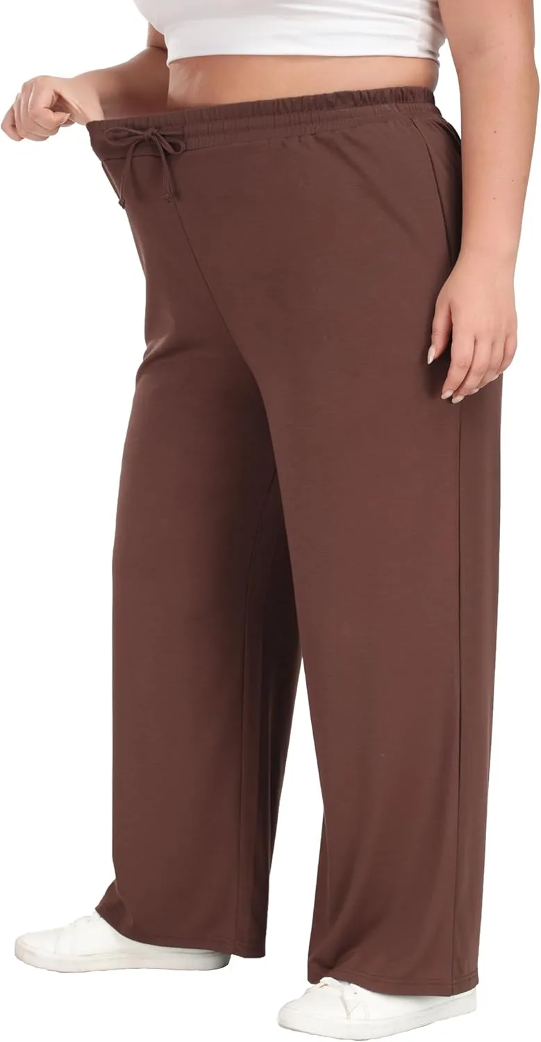 Women's Plus Size Wide Leg Pants Elastic Waist Casual Pants Summer Loose Fit Sweatpants with Pockets Drawstring