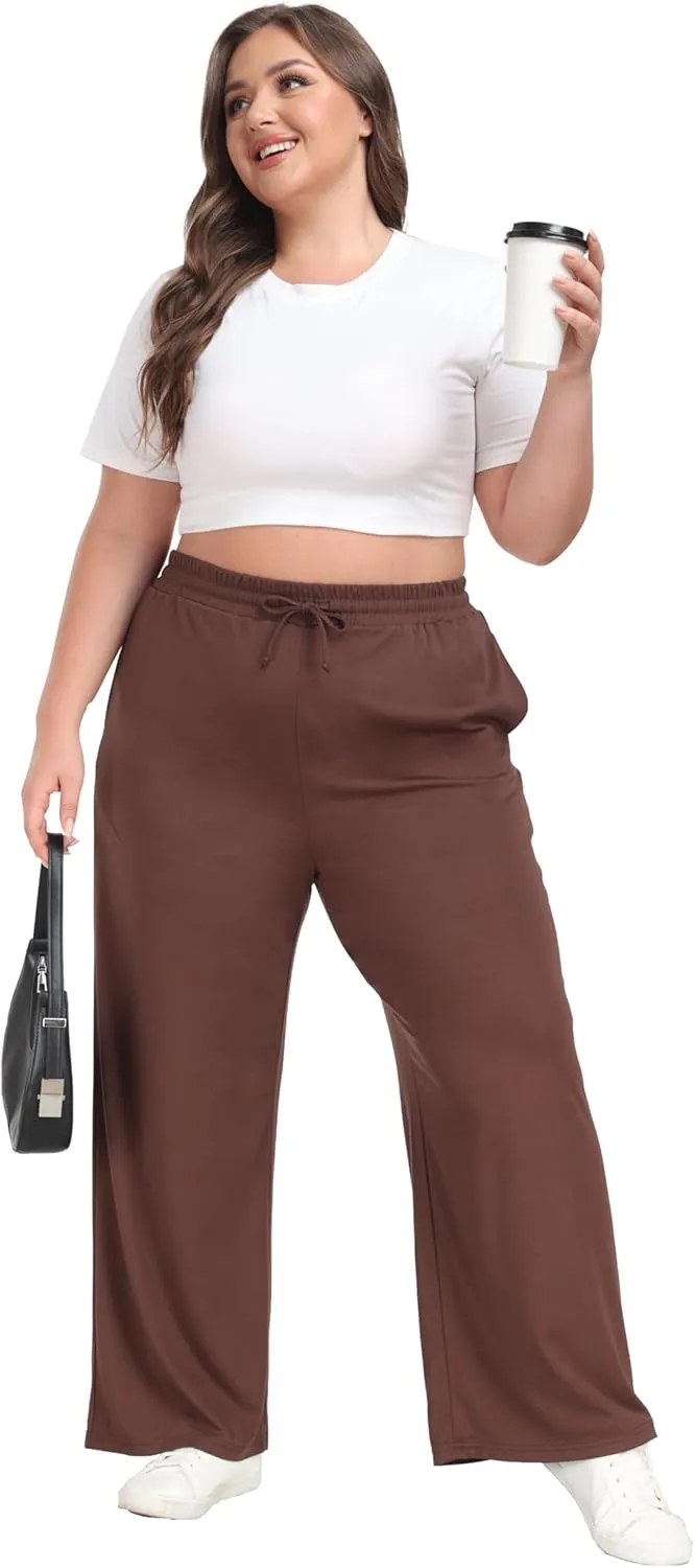 Women's Plus Size Wide Leg Pants Elastic Waist Casual Pants Summer Loose Fit Sweatpants with Pockets Drawstring