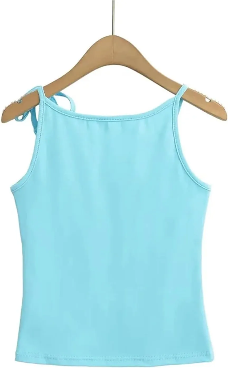 Women's Round Neck Camisole Tank Top Lace-Up Shoulder Straps Summer Slim Fit Casual Camisole