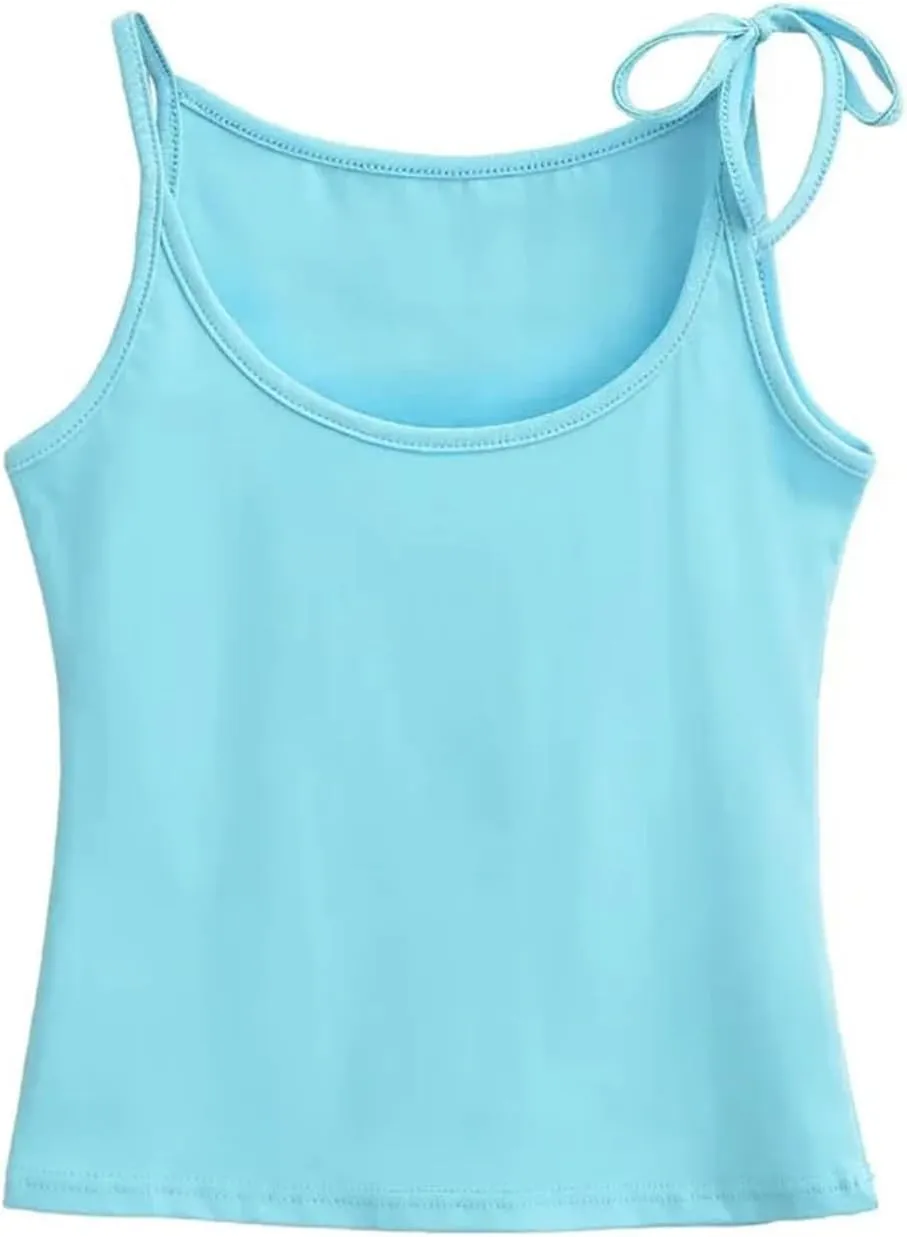 Women's Round Neck Camisole Tank Top Lace-Up Shoulder Straps Summer Slim Fit Casual Camisole