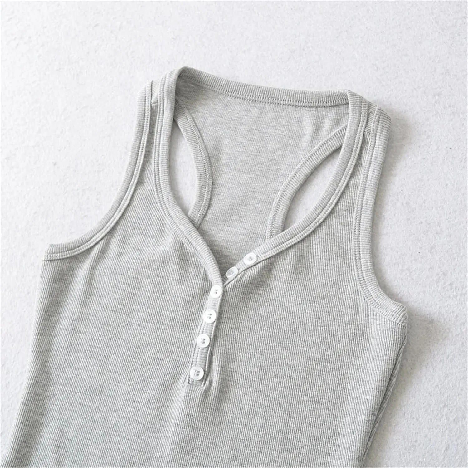 Women's Round Neck Sleeveless Tank Top Racerback Design Button Solid Color Slim Fit Camisole Y2k
