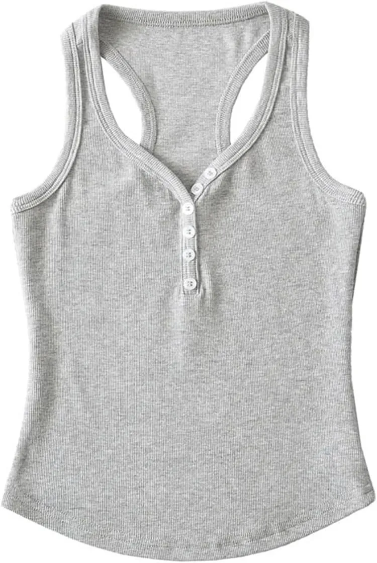 Women's Round Neck Sleeveless Tank Top Racerback Design Button Solid Color Slim Fit Camisole Y2k