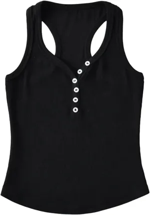 Women's Round Neck Sleeveless Tank Top Racerback Design Button Solid Color Slim Fit Camisole Y2k