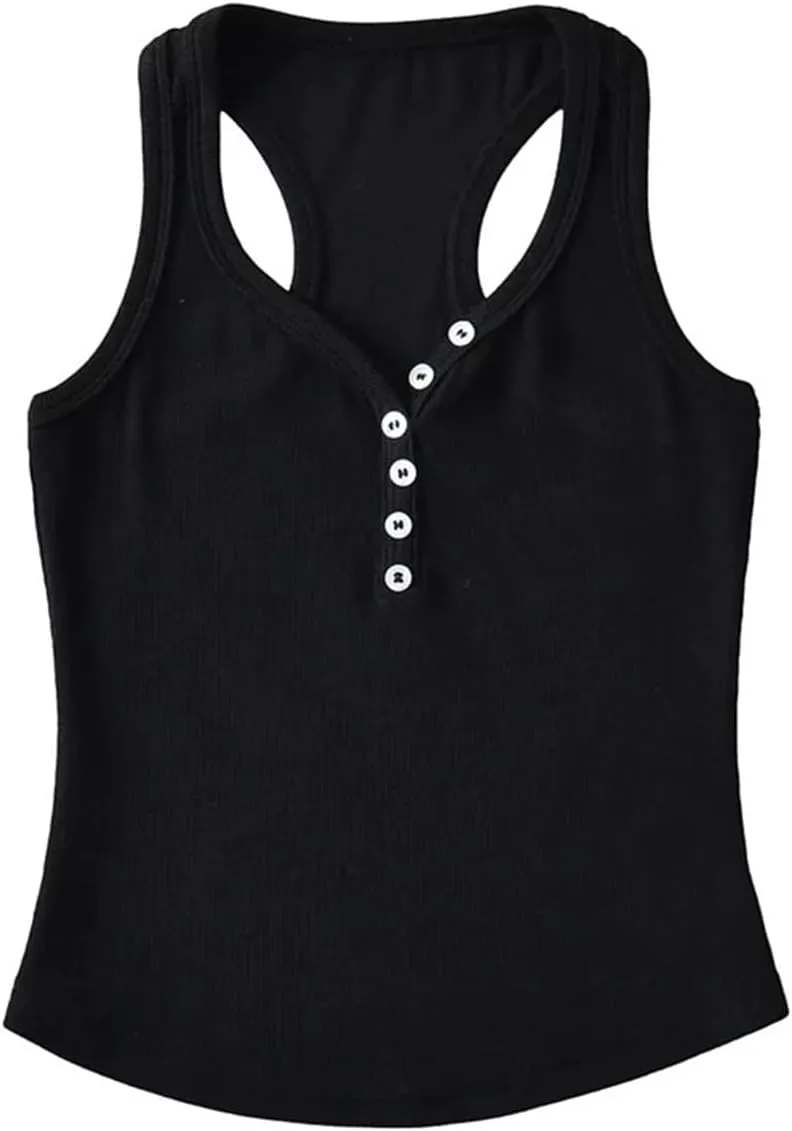 Women's Round Neck Sleeveless Tank Top Racerback Design Button Solid Color Slim Fit Camisole Y2k