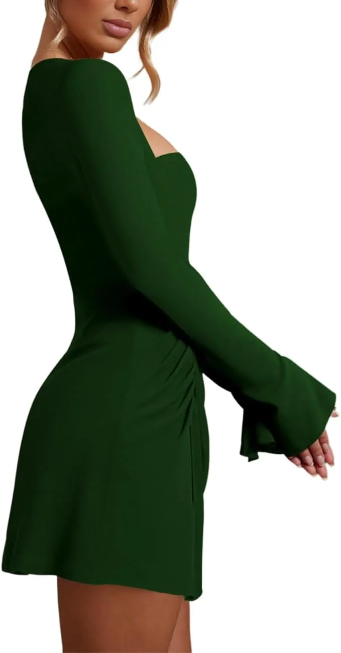 Womens Ruched Bodycon Dress Sexy Long Sleeve Square Neck Split Cocktail Party Club Mini Short Tight Dress