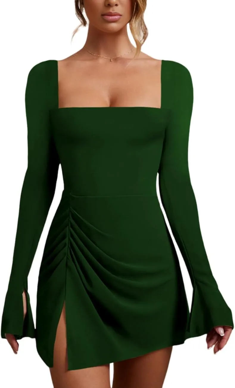 Womens Ruched Bodycon Dress Sexy Long Sleeve Square Neck Split Cocktail Party Club Mini Short Tight Dress