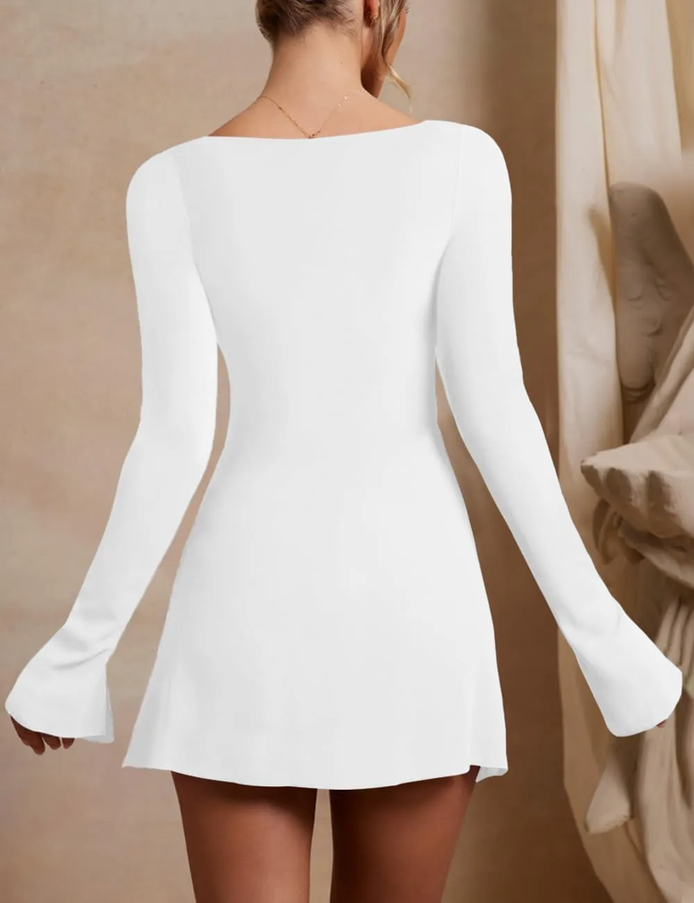 Womens Ruched Bodycon Dress Sexy Long Sleeve Square Neck Split Cocktail Party Club Mini Short Tight Dress