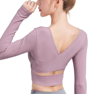 WomenS Seamless Workout Top, Long Sleeves With Thumbholes, Xxl Activewear Undershirt, V-Back Cutout, Breathable Nylon Spandex Fabric