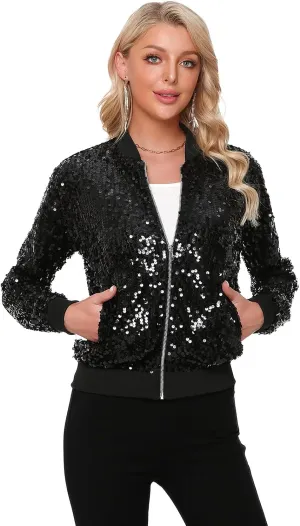 Womens Sequin Jacket Long Sleeve Zipper with Pockets Casual Party Sequin Bomber Jacket