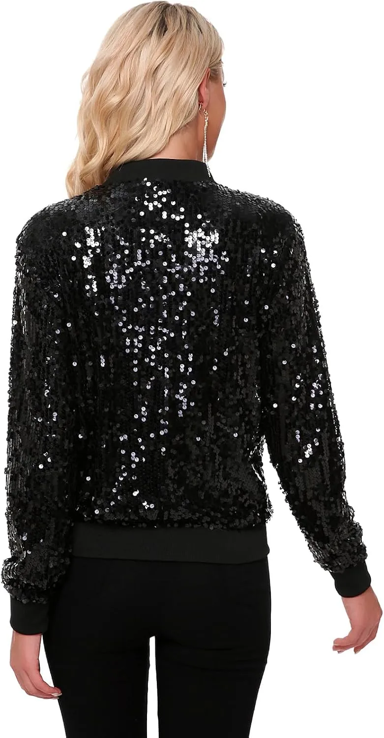 Womens Sequin Jacket Long Sleeve Zipper with Pockets Casual Party Sequin Bomber Jacket