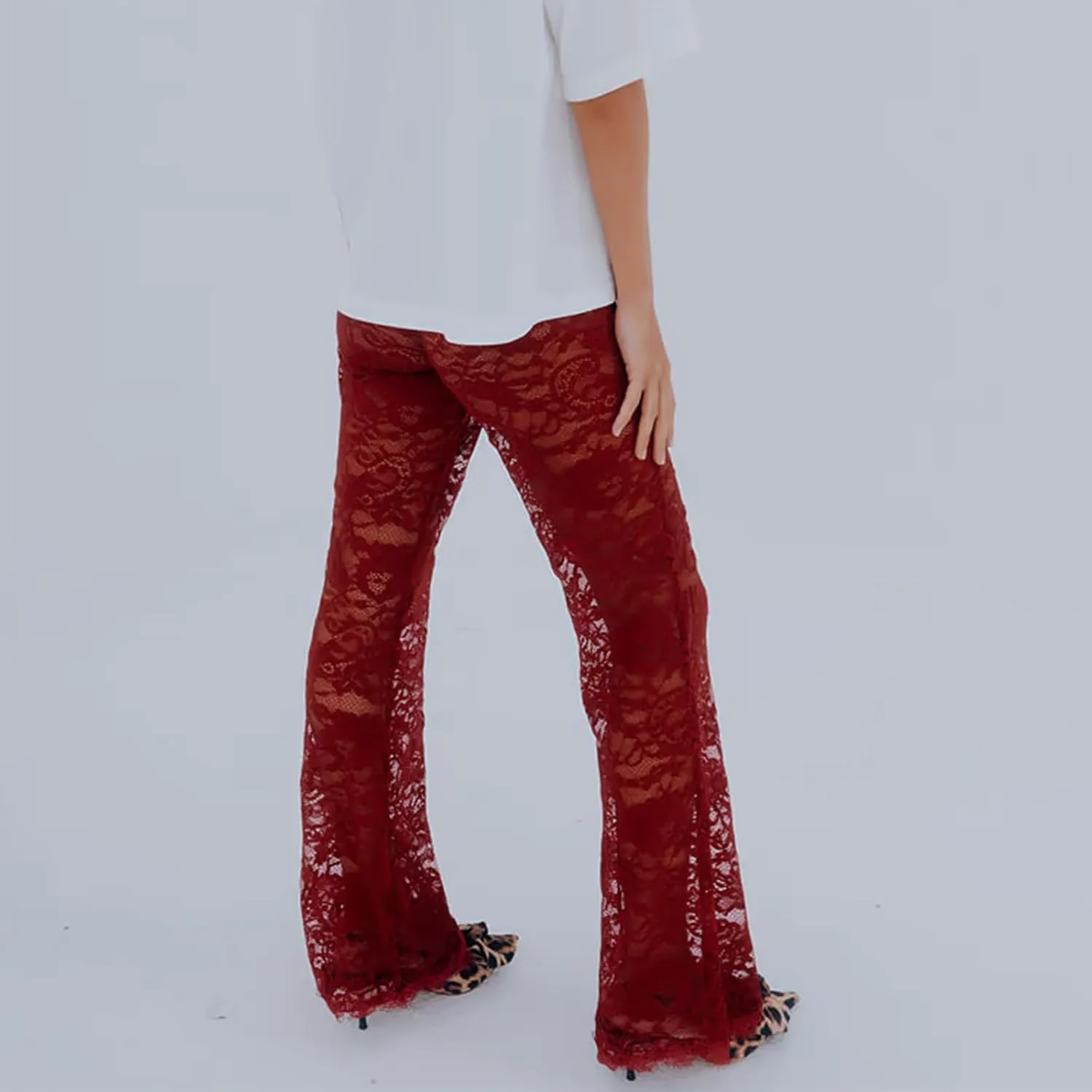 Women's Sheer Lace Flare Pants Sexy See Through High Waist Leggings Gothic Floral Bell-Bottoms Trousers Streetwear