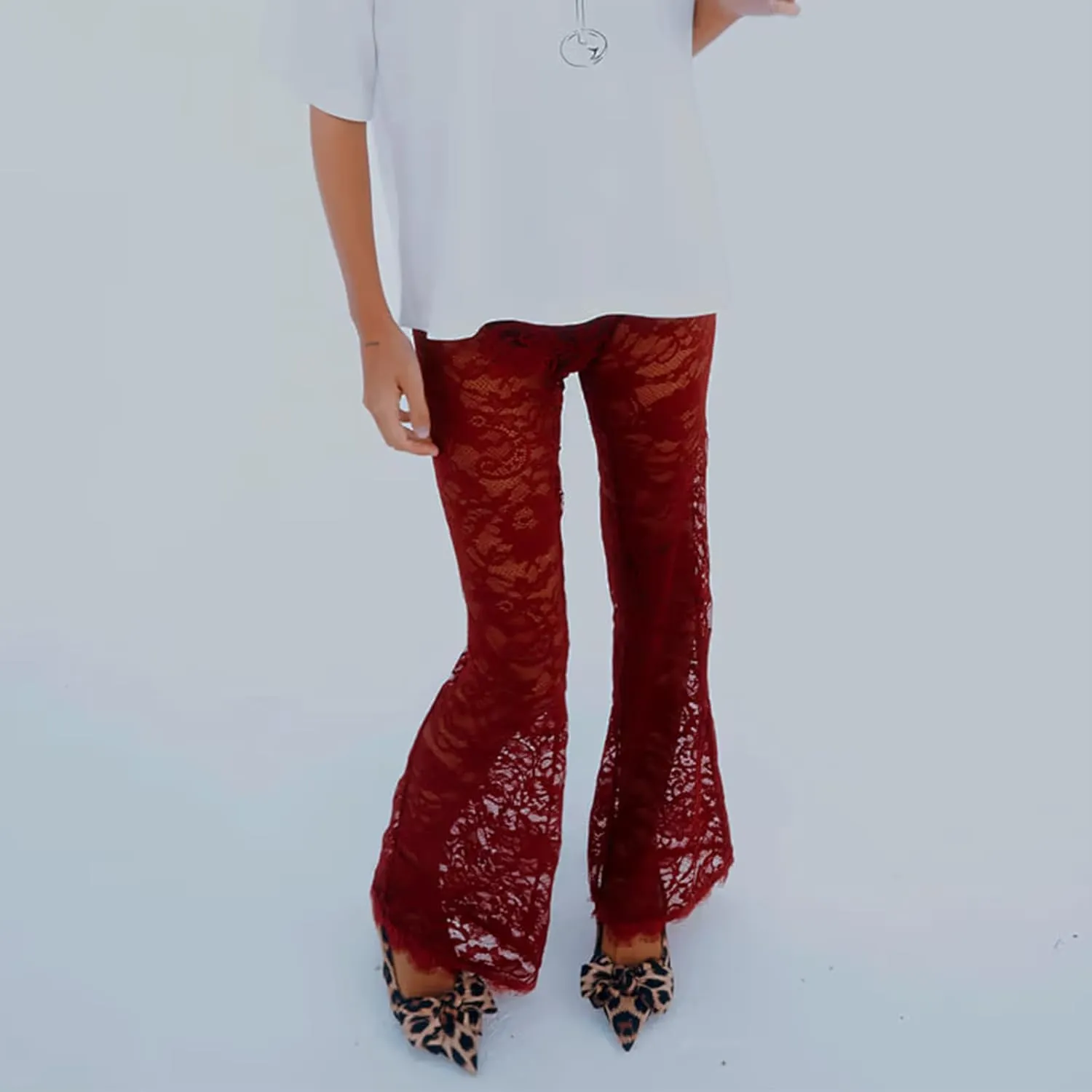 Women's Sheer Lace Flare Pants Sexy See Through High Waist Leggings Gothic Floral Bell-Bottoms Trousers Streetwear
