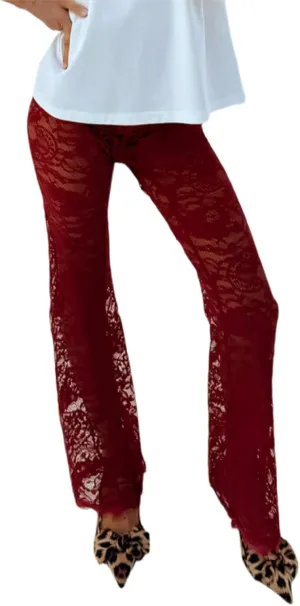 Women's Sheer Lace Flare Pants Sexy See Through High Waist Leggings Gothic Floral Bell-Bottoms Trousers Streetwear