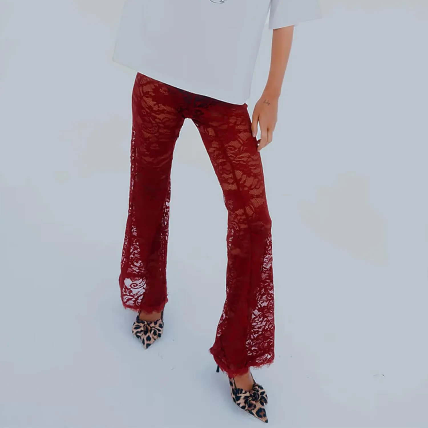 Women's Sheer Lace Flare Pants Sexy See Through High Waist Leggings Gothic Floral Bell-Bottoms Trousers Streetwear
