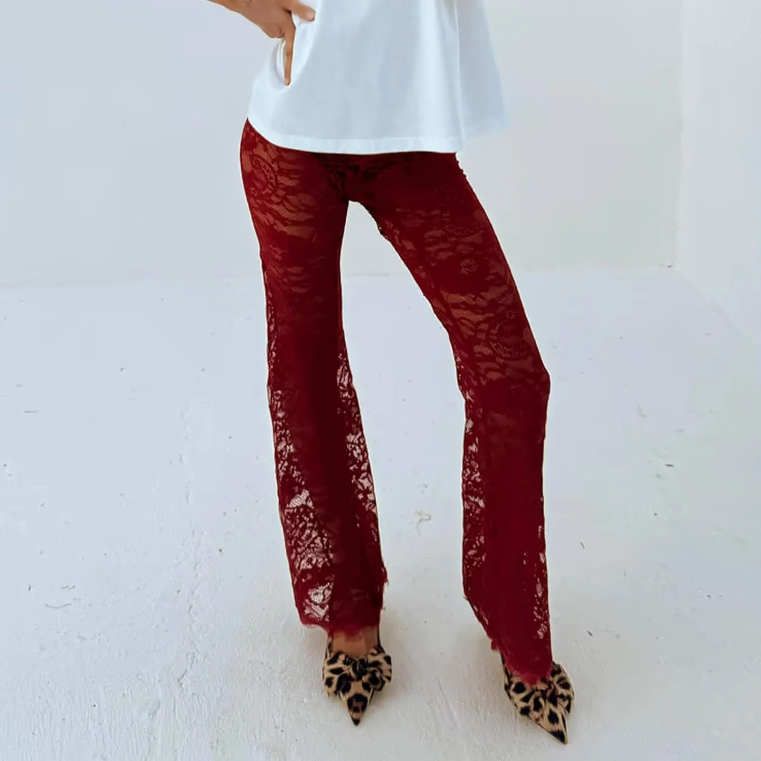 Women's Sheer Lace Flare Pants Sexy See Through High Waist Leggings Gothic Floral Bell-Bottoms Trousers Streetwear