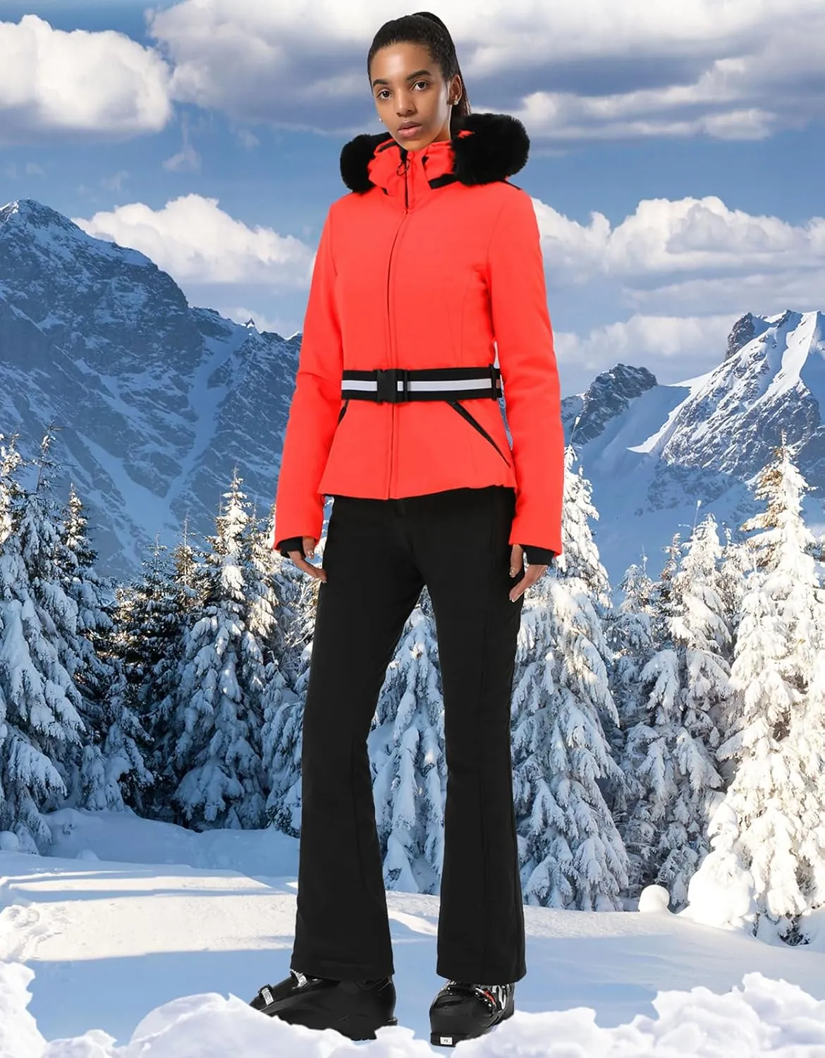 Women's Ski Jacket Snowboard Warm Winter Short Slim Snow Coat Jacket Mountain Windproof Waterproof Insulated Hooded