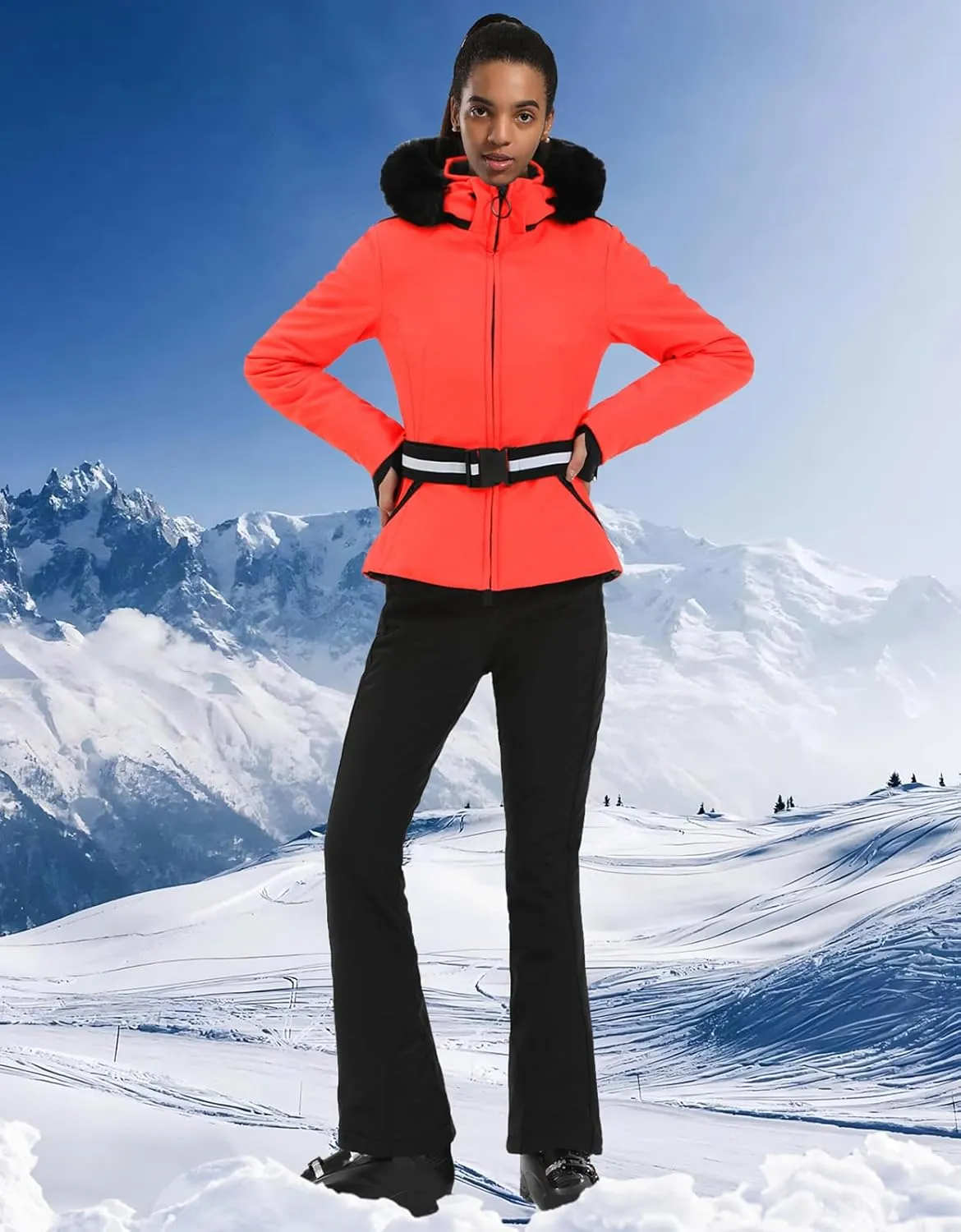 Women's Ski Jacket Snowboard Warm Winter Short Slim Snow Coat Jacket Mountain Windproof Waterproof Insulated Hooded