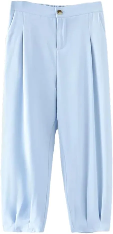 Women's Solid Harem Pants Plus Size Thin Loose Elastic Waist Pants Fold Ankle Length Trousers