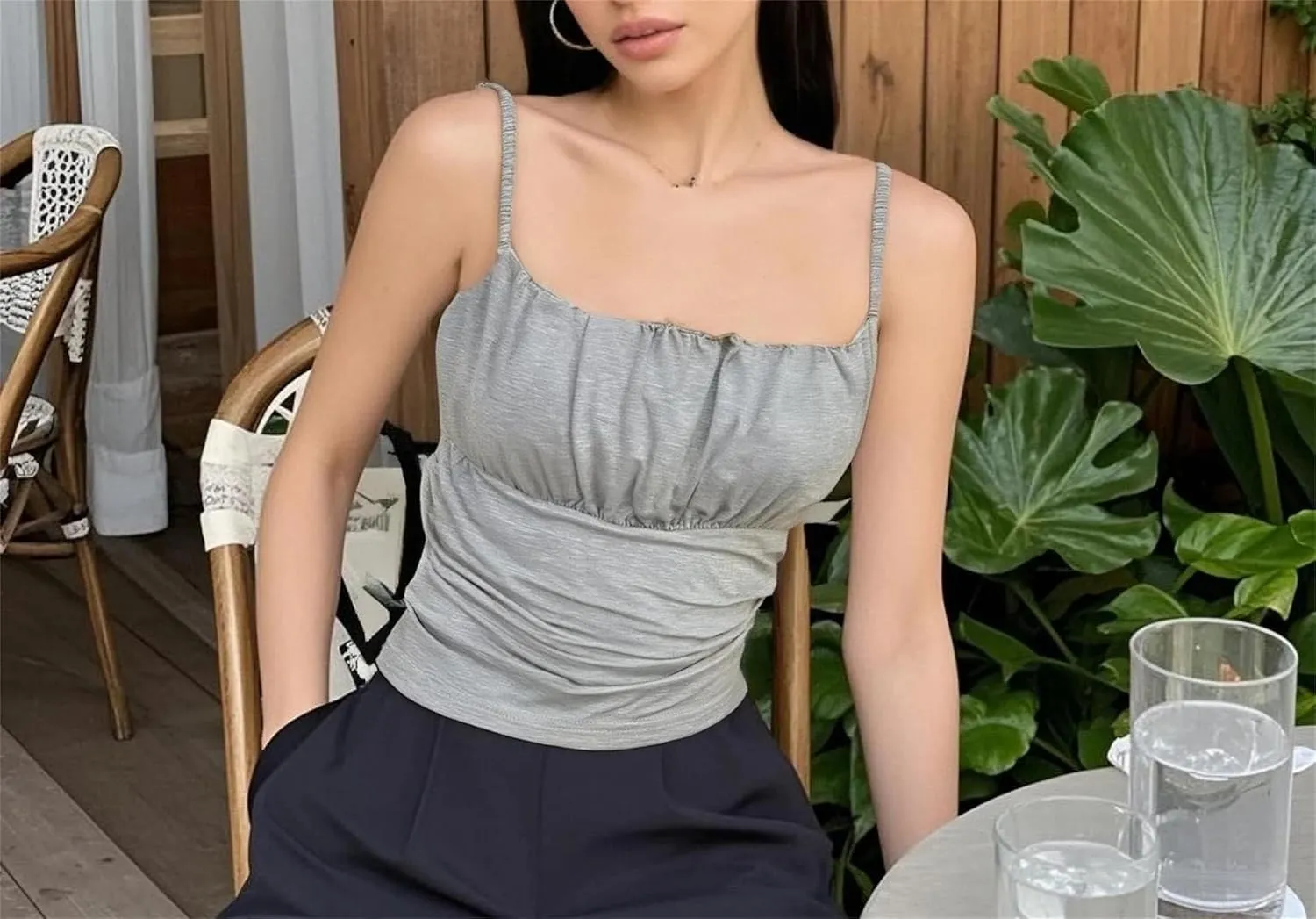Women's Square Neck Camisole Spaghetti Straps Pleated Slim Fit Built-in Chest Pad Tank Top