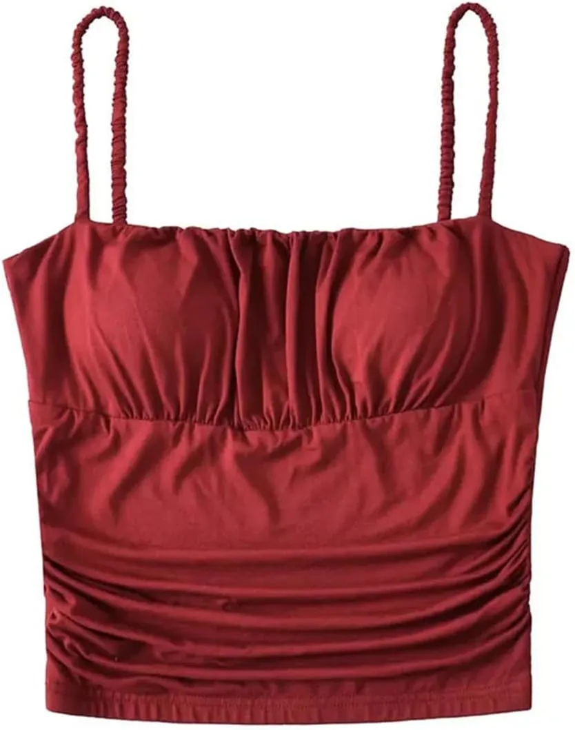 Women's Square Neck Camisole Spaghetti Straps Pleated Slim Fit Built-in Chest Pad Tank Top
