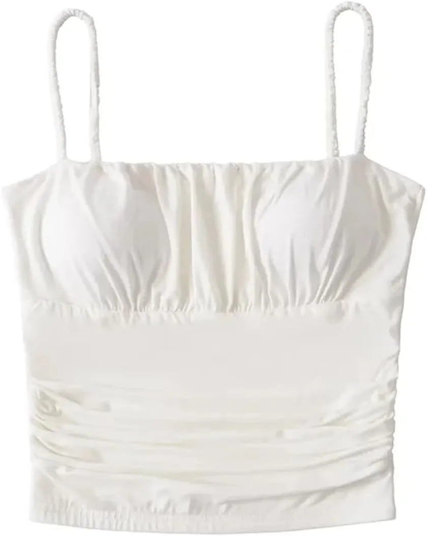 Women's Square Neck Camisole Spaghetti Straps Pleated Slim Fit Built-in Chest Pad Tank Top