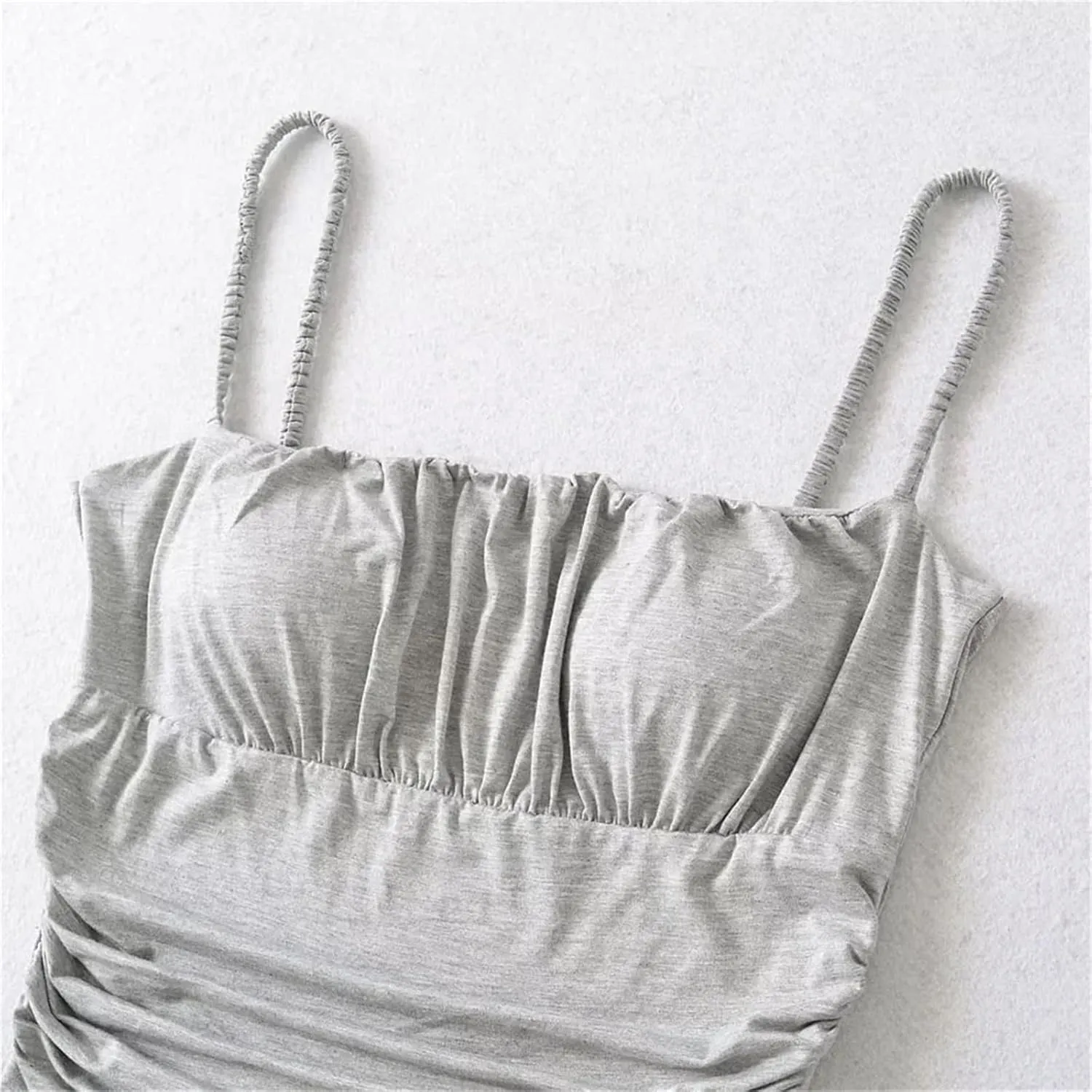 Women's Square Neck Camisole Spaghetti Straps Pleated Slim Fit Built-in Chest Pad Tank Top