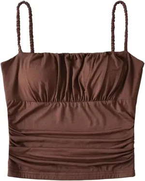 Women's Square Neck Camisole Spaghetti Straps Pleated Slim Fit Built-in Chest Pad Tank Top
