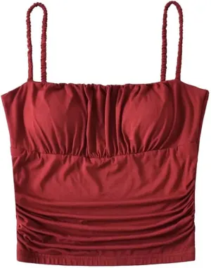 Women's Square Neck Camisole Spaghetti Straps Pleated Slim Fit Built-in Chest Pad Tank Top