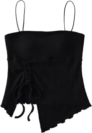 Women's Square Neck Camisole Spaghetti Straps Ruched Drawstring Vertical Ribbed Irregular Hem Tank Top