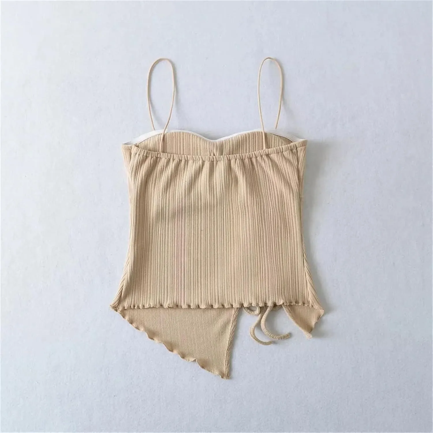 Women's Square Neck Camisole Spaghetti Straps Ruched Drawstring Vertical Ribbed Irregular Hem Tank Top