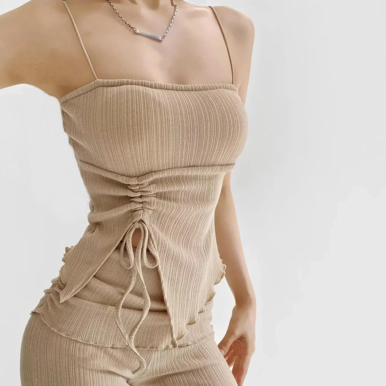Women's Square Neck Camisole Spaghetti Straps Ruched Drawstring Vertical Ribbed Irregular Hem Tank Top