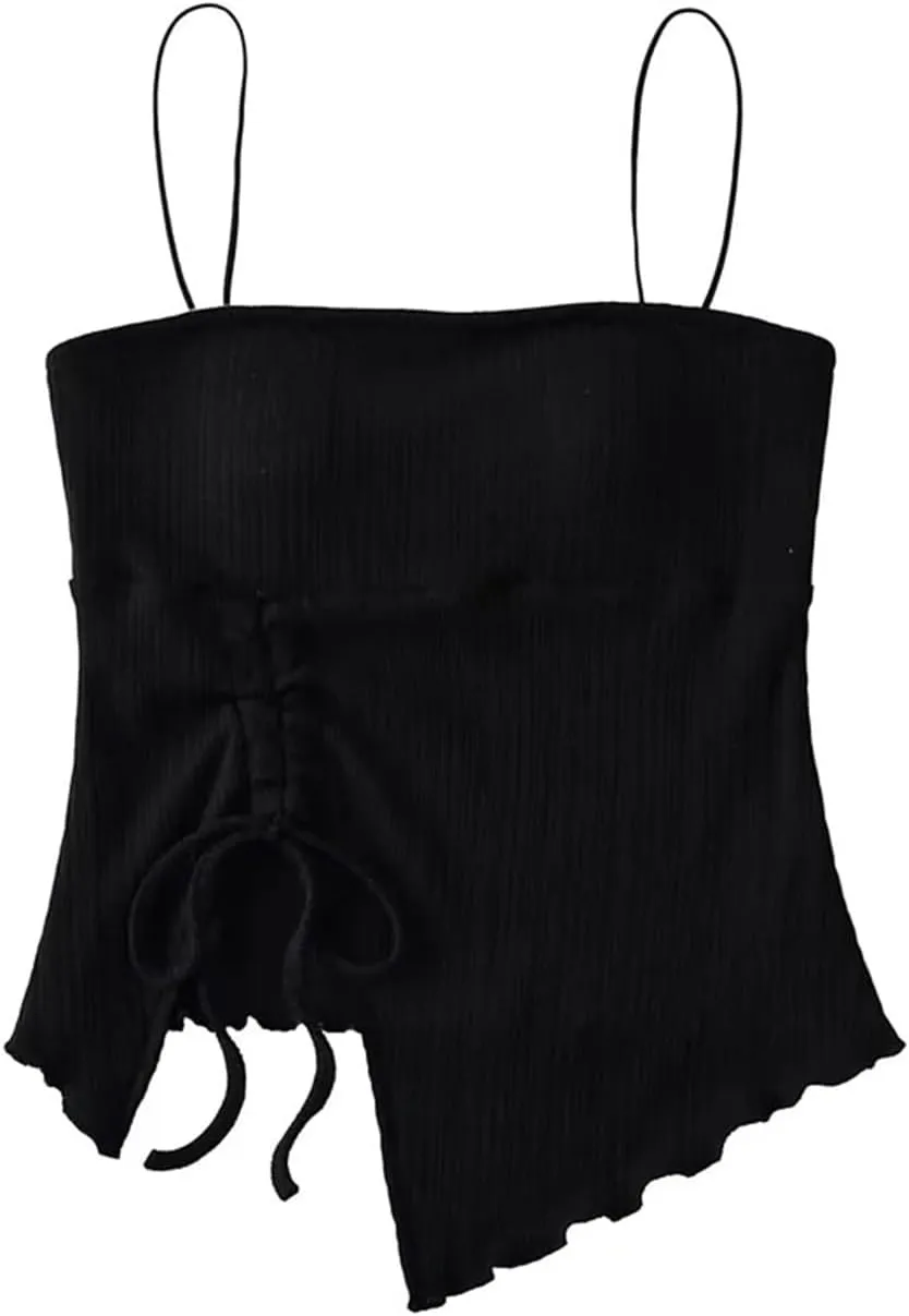 Women's Square Neck Camisole Spaghetti Straps Ruched Drawstring Vertical Ribbed Irregular Hem Tank Top