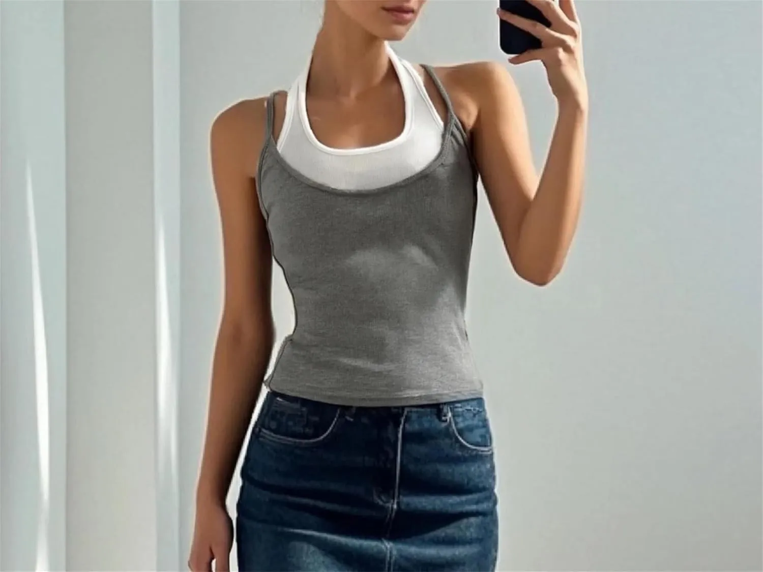 Women's Square Neck Camisole Top Double Layer Back Design Slim Fit Casual Summer Tank Top