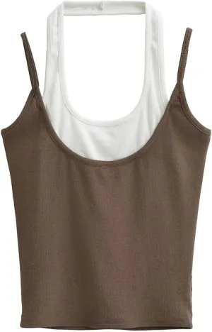 Women's Square Neck Camisole Top Double Layer Back Design Slim Fit Casual Summer Tank Top
