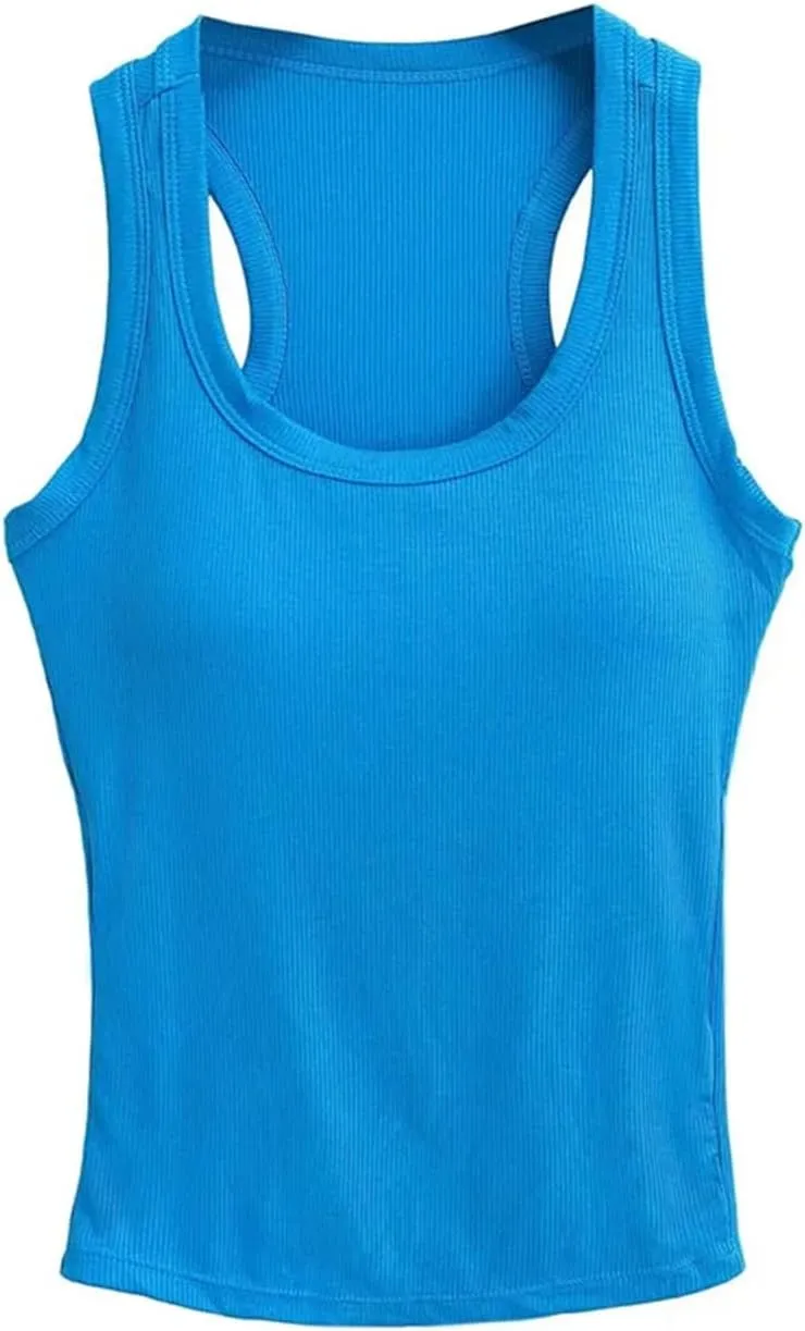 Women's Square Neck Sleeveless Camisole Built-in Chest Pad Ribbed Slim Fit Summer Tank Top