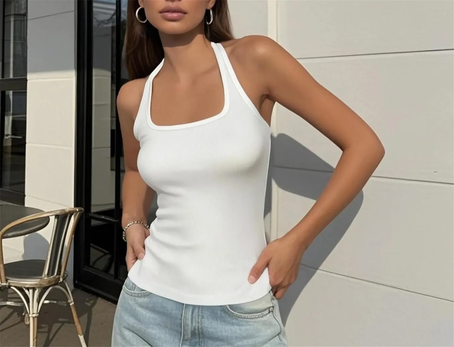 Women's Square Neck Sleeveless Camisole Racerback Ribbed Casual Slim Fit Tank Top