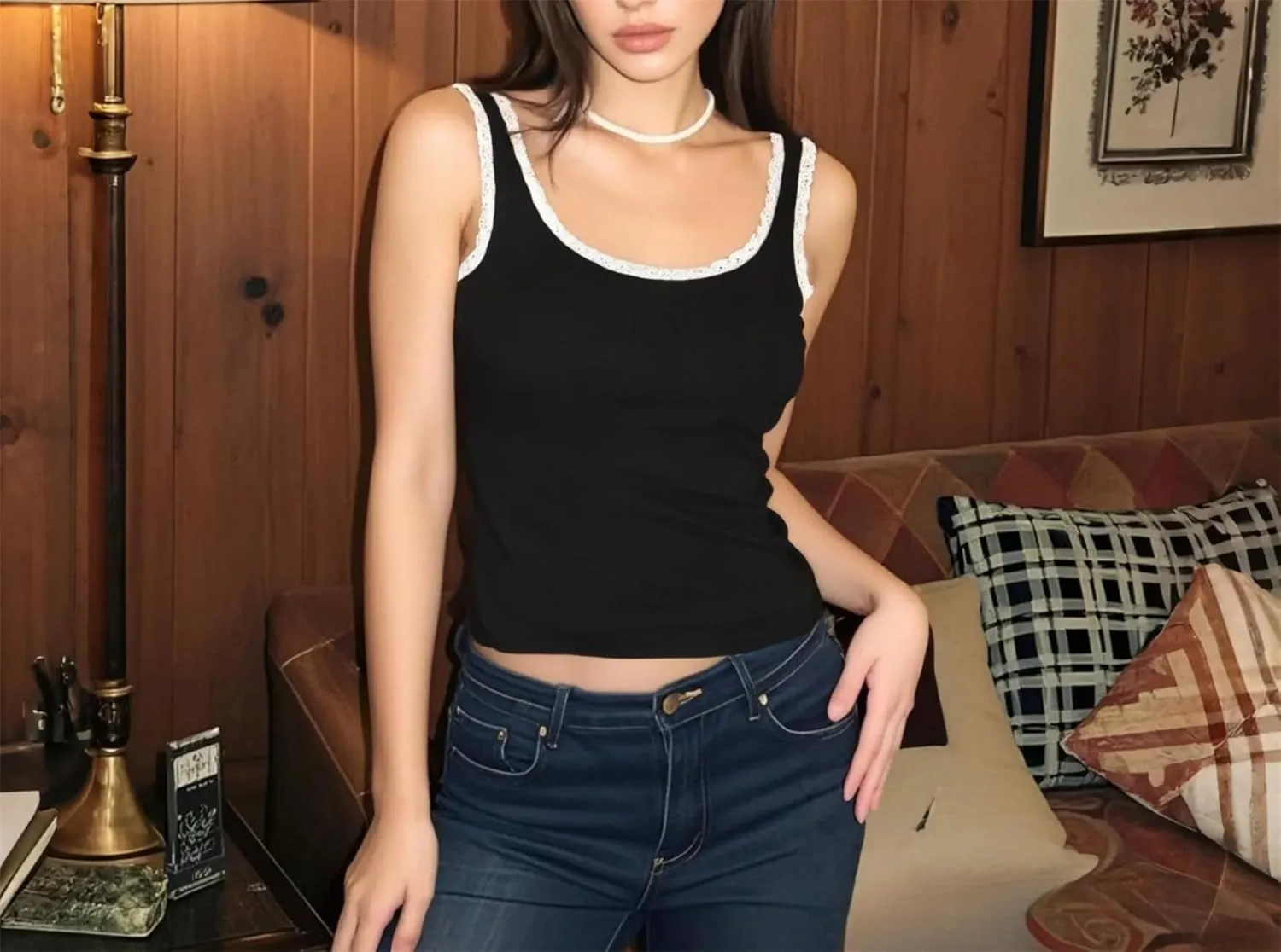 Women's Square Neck Sleeveless Tops Lace Edge Ribbed Built-in Chest Pad Summer Casual Camisole