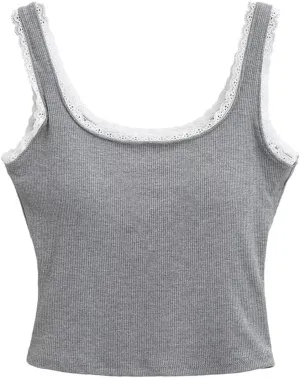 Women's Square Neck Sleeveless Tops Lace Edge Ribbed Built-in Chest Pad Summer Casual Camisole