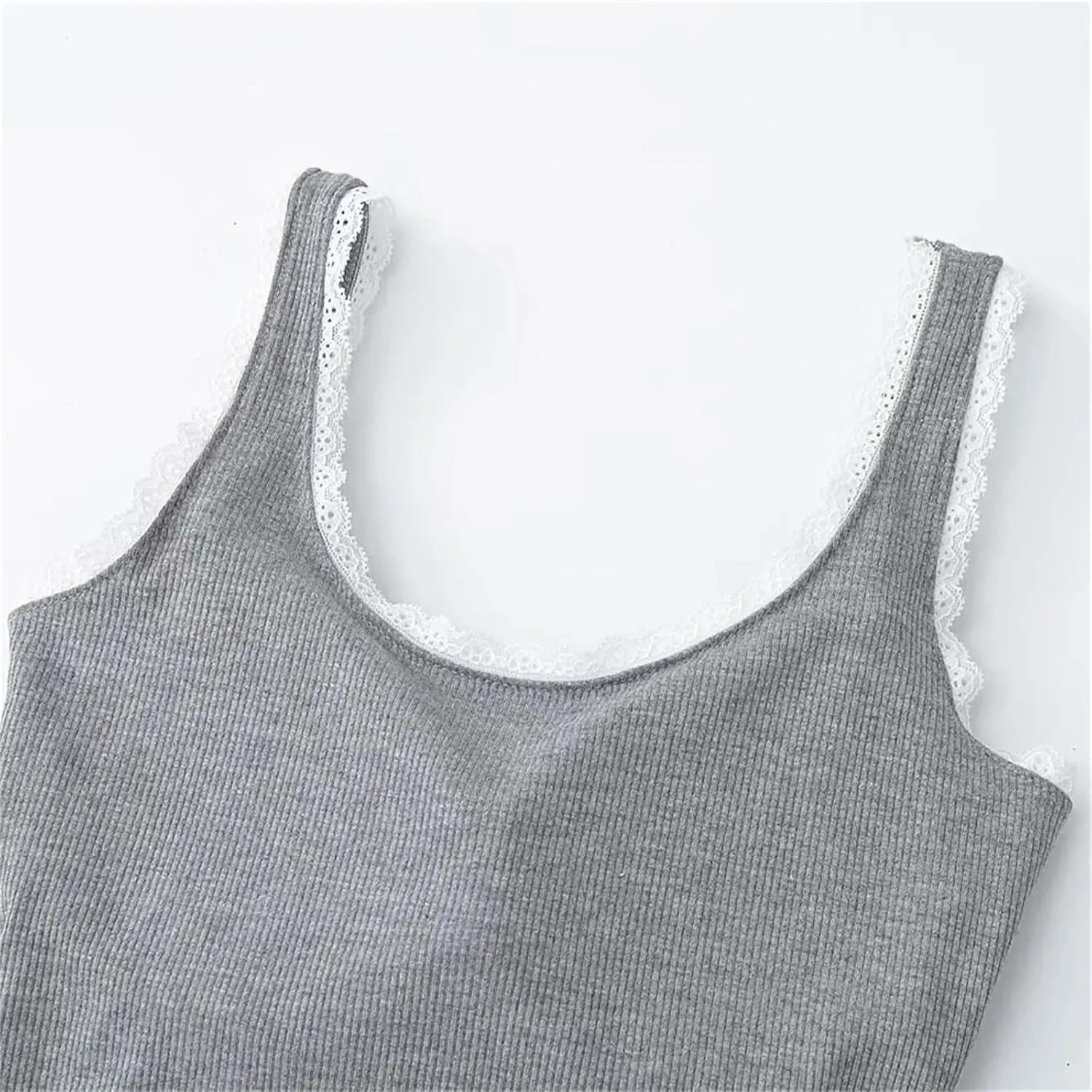 Women's Square Neck Sleeveless Tops Lace Edge Ribbed Built-in Chest Pad Summer Casual Camisole
